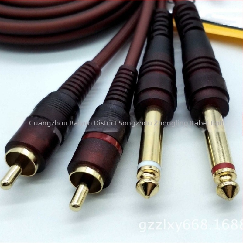 Barna árnyékolt kettős audio-kábel: 6,35 mm-ról 2 RCA-ra és 6,5 mm-ről kettős RCA-mixerhez