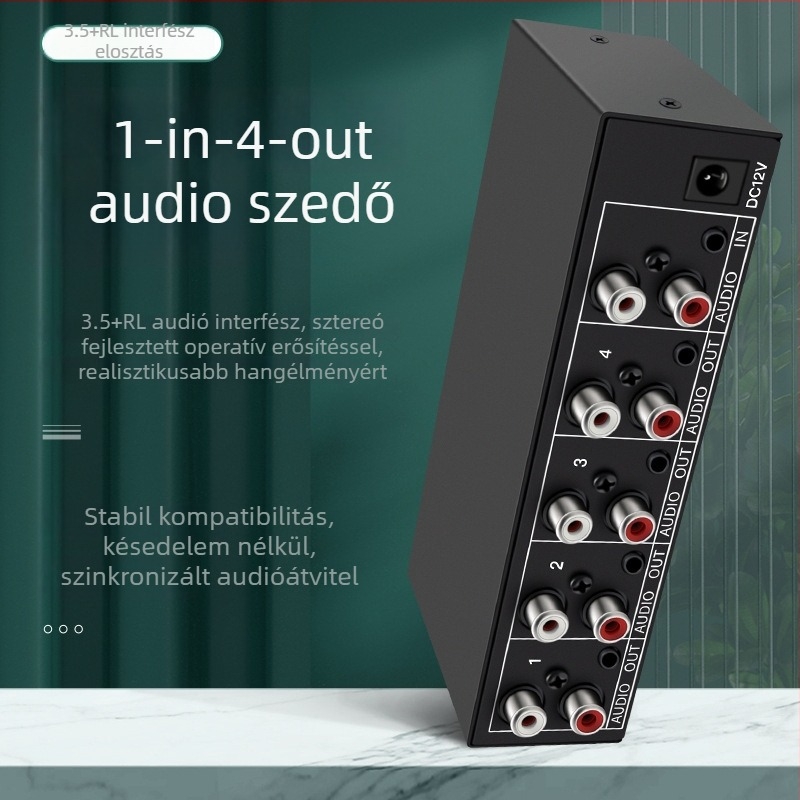 Audio elosztó 1 bemenet, 4 kimenet, 3,5 mm sztereó, erősítés, modell AUX-104