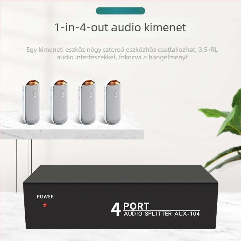 Audio elosztó 1 bemenet, 4 kimenet, 3,5 mm sztereó, erősítés, modell AUX-104