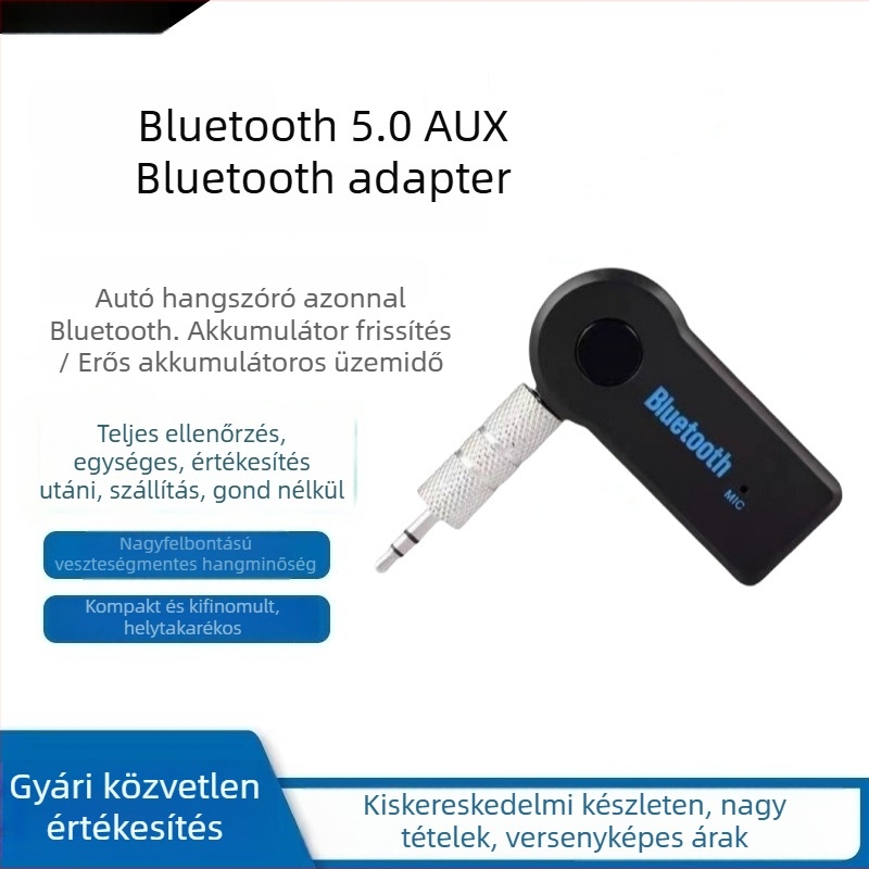 MX-BT350 Bluetooth vevő autóhifi-hez — 3.5mm bemenet, Bluetooth 5.0, Plug‑and‑Play, külső áramellátás nélkül, hatótávolság akár 10 m