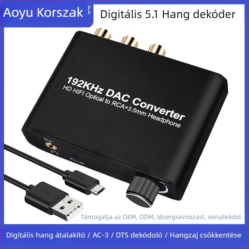Digitális-analóg DAC 5.1 csatornás dekóddal, koaxiális és optikai bemenetek, 3,5 mm-es analóg kimenet, modell Aay 76
