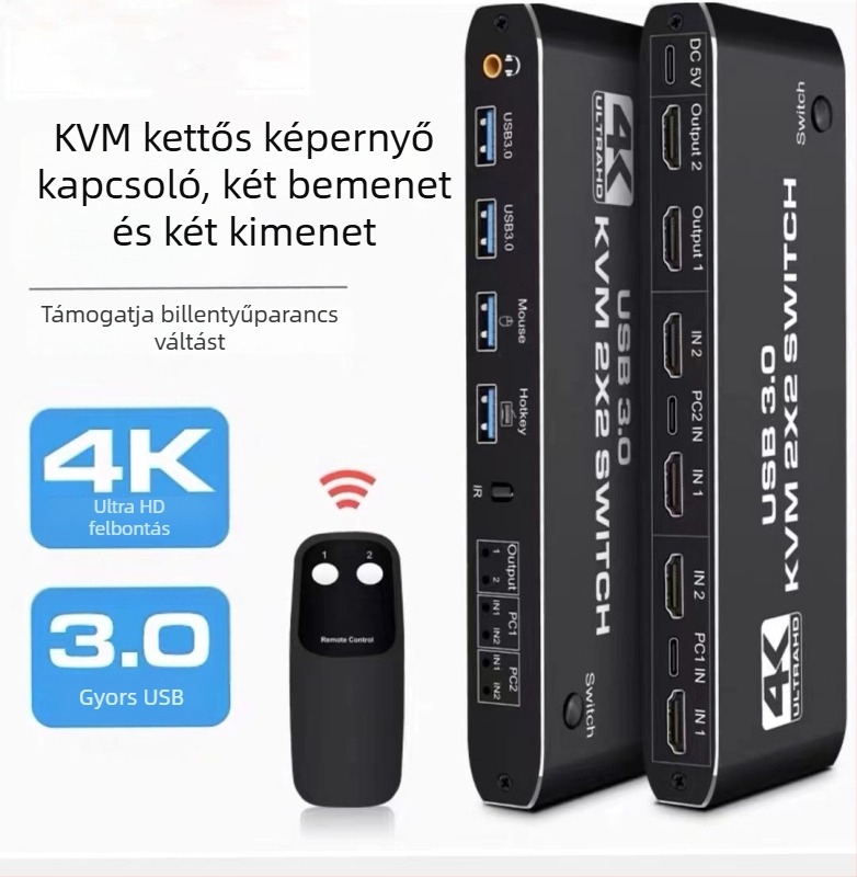 KVM kapcsoló HDMI 2 bemenet/2 kimenet, 4K/60Hz, 3,5 mm-es audio, gyorsgombos váltás