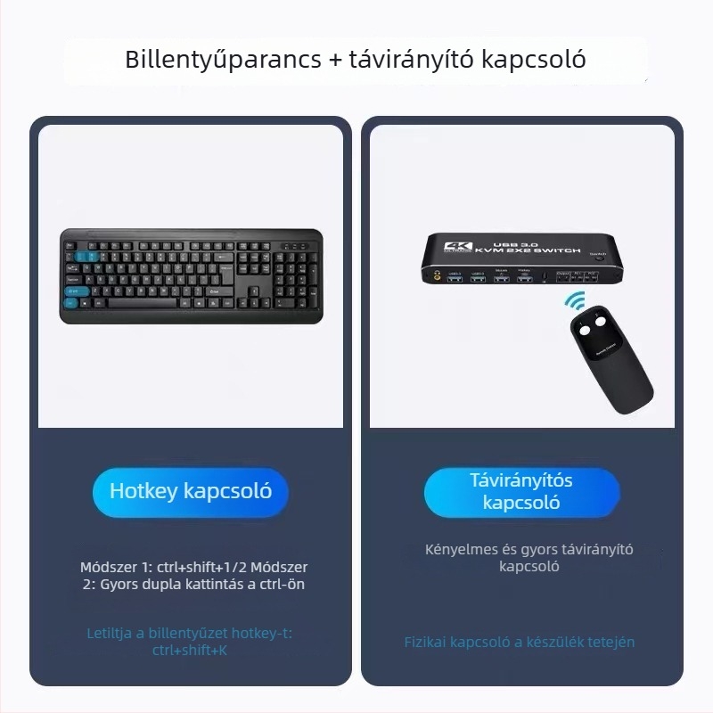 KVM kapcsoló HDMI 2 bemenet/2 kimenet, 4K/60Hz, 3,5 mm-es audio, gyorsgombos váltás