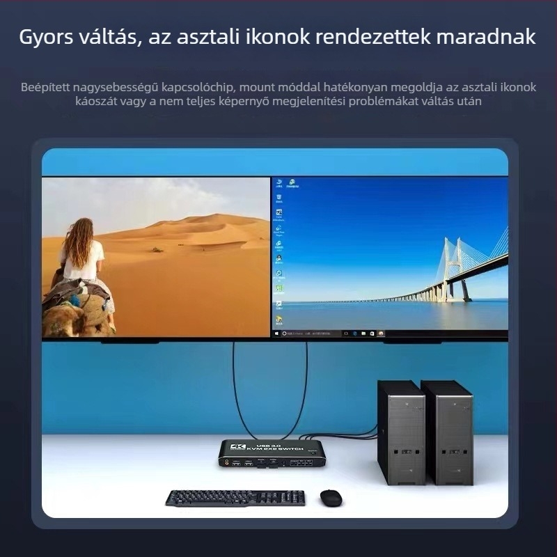 KVM kapcsoló HDMI 2 bemenet/2 kimenet, 4K/60Hz, 3,5 mm-es audio, gyorsgombos váltás