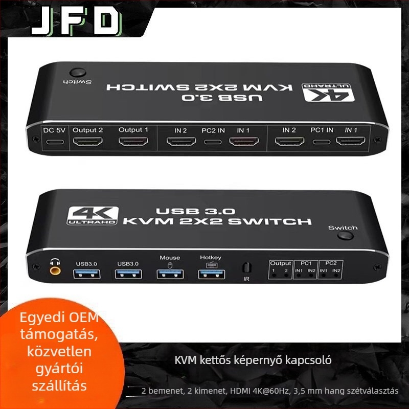 KVM kapcsoló HDMI 2 bemenet/2 kimenet, 4K/60Hz, 3,5 mm-es audio, gyorsgombos váltás