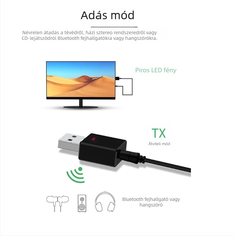 Bluetooth 5.0 2–in–1 audio vevő/transzmitter USB adapter autóhoz/TV-hez/PC-hez, Plug-and-Play, illesztőprogram-mentes, 10 m hatótáv