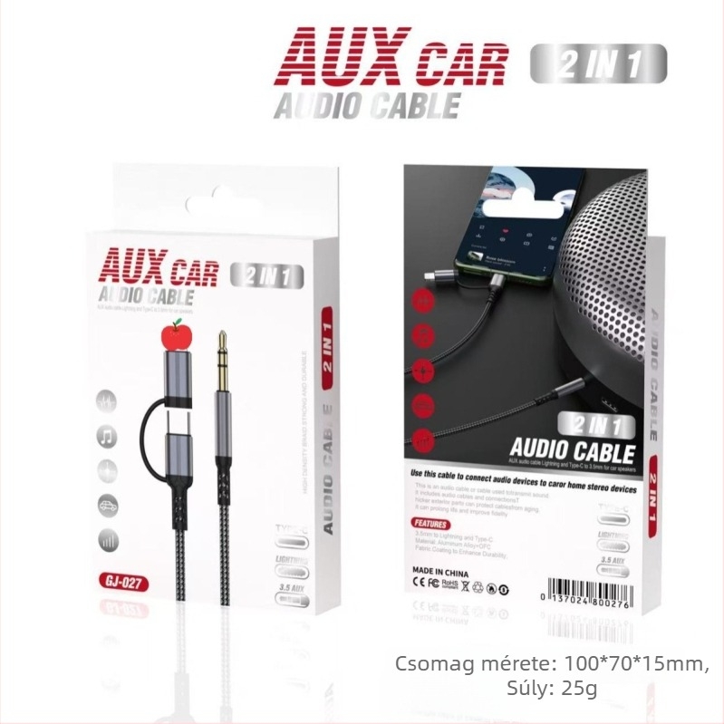 Nylon szövésű audio kábel Type-C/Lightning 2-in-1, 3,5 mm, 1 m hosszú, zománcolt réz vezető