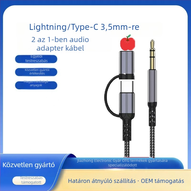 Nylon szövésű audio kábel Type-C/Lightning 2-in-1, 3,5 mm, 1 m hosszú, zománcolt réz vezető