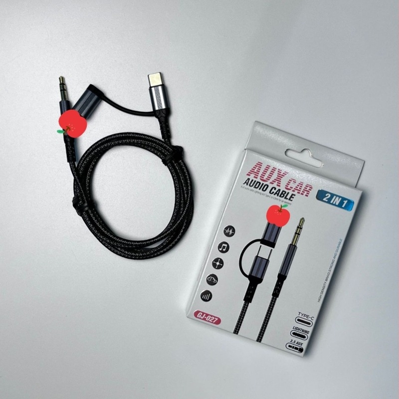 Nylon szövésű audio kábel Type-C/Lightning 2-in-1, 3,5 mm, 1 m hosszú, zománcolt réz vezető