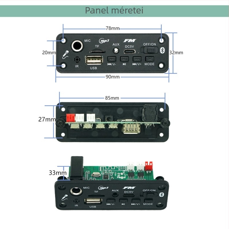 Bluetooth erősítő panel MIC bemenettel, 2x5W kimenet, Bluetooth MP3 audio modul.