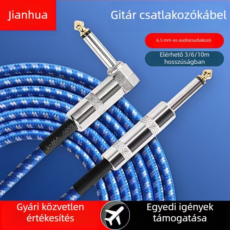 Hálósított gitárkábel, 3/6/10 m, zajcsökkentő árnyékolással, elektromos, akusztikailag elektronikus gitárokhoz és basszushoz.