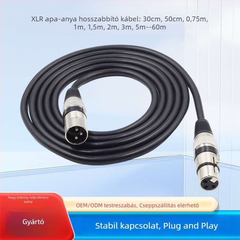 XLR kábel, férfi–női, mikrofonhoz, 10 m hosszú, audio kábel mik​​szerhez/erősítőhöz