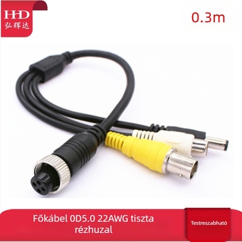 Járműhöz szerelt DVR-adapter-kábel aviációs csatlakozóval: BNC női, RCA női és DC férfi csatlakozók