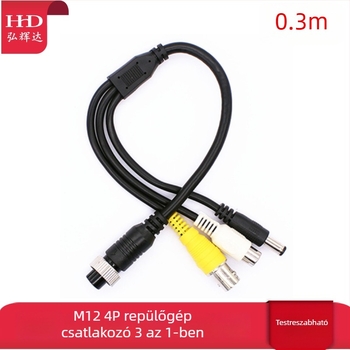 Járműhöz szerelt DVR-adapter-kábel aviációs csatlakozóval: BNC női, RCA női és DC férfi csatlakozók