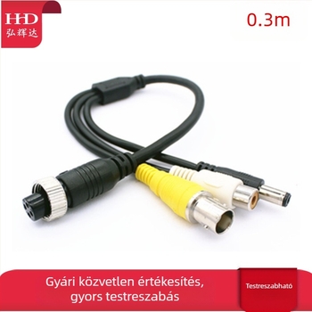 Járműhöz szerelt DVR-adapter-kábel aviációs csatlakozóval: BNC női, RCA női és DC férfi csatlakozók