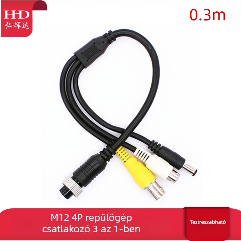 Járműhöz szerelt DVR-adapter-kábel aviációs csatlakozóval: BNC női, RCA női és DC férfi csatlakozók