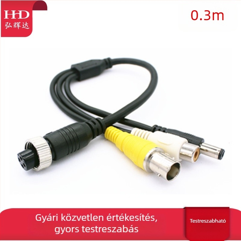 Járműhöz szerelt DVR-adapter-kábel aviációs csatlakozóval: BNC női, RCA női és DC férfi csatlakozók