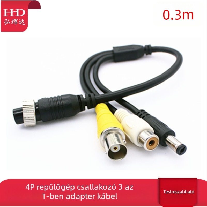 Járműhöz szerelt DVR-adapter-kábel aviációs csatlakozóval: BNC női, RCA női és DC férfi csatlakozók