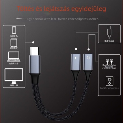 Type-C 1–2 fejhallgató és töltés adapter – 2-in-1 audio kábel, Android-kompatibil