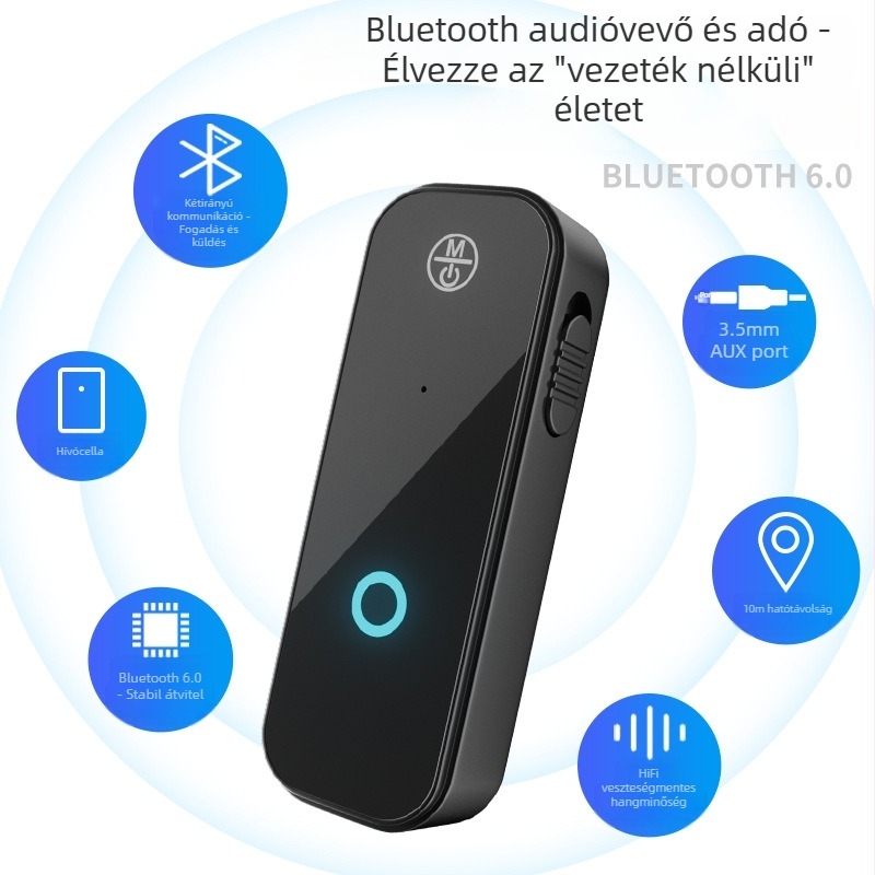Bluetooth 6.0 audió átjátszó és vevő 2-in-1, Hands-Free USB adapter autóhoz és otthonhoz, AUX, Plug and Play, külső tápegység