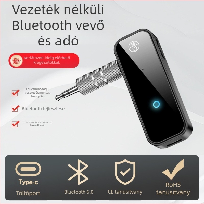 Bluetooth 6.0 audió átjátszó és vevő 2-in-1, Hands-Free USB adapter autóhoz és otthonhoz, AUX, Plug and Play, külső tápegység