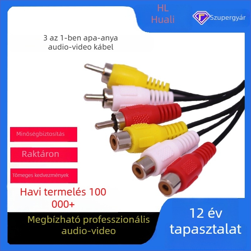 Huali AV hosszabbító kábel, 3 férfi csatlakozóból 3 női csatlakozóba