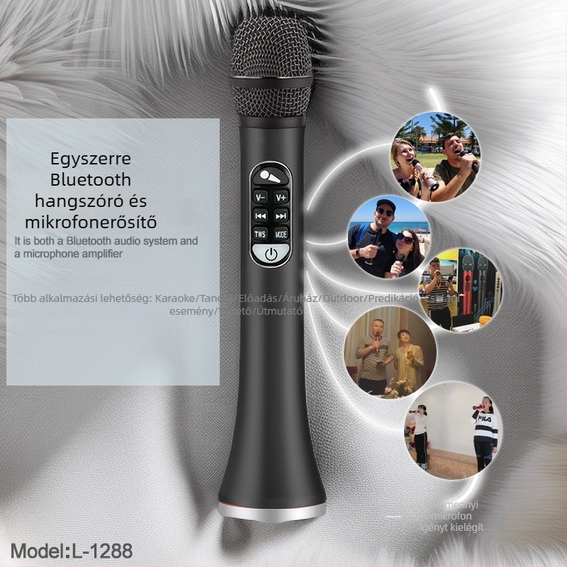 Integrált hangkártyás karaoke mikrofonnal és Bluetooth hangszóróval, beépített 4000–6000 mAh akkumulátor, Bluetooth 5.3, frekvenciasáv 100 Hz–20 kHz, kimeneti teljesítmény 40 W, otthoni és mobil karaoke