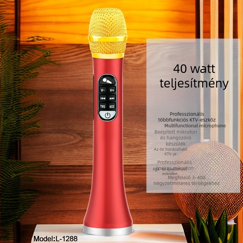 Integrált hangkártyás karaoke mikrofonnal és Bluetooth hangszóróval, beépített 4000–6000 mAh akkumulátor, Bluetooth 5.3, frekvenciasáv 100 Hz–20 kHz, kimeneti teljesítmény 40 W, otthoni és mobil karaoke