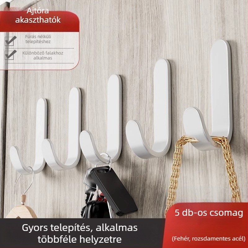 Erős ragasztós akasztó, fúrás nélkül, teherbírás 5 kg — rozsdamentes acél, ideális konyhába, fürdőszobába, ajtóra, falra, kollégium