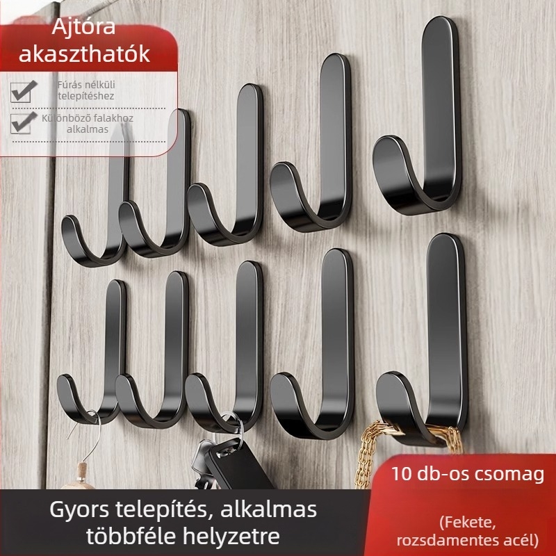 Erős ragasztós akasztó, fúrás nélkül, teherbírás 5 kg — rozsdamentes acél, ideális konyhába, fürdőszobába, ajtóra, falra, kollégium