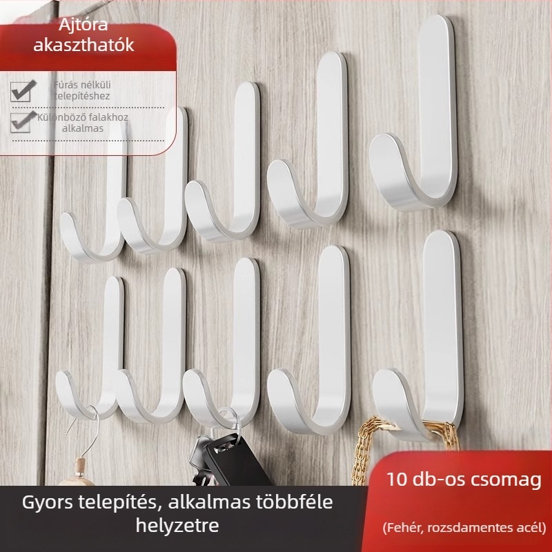 Erős ragasztós akasztó, fúrás nélkül, teherbírás 5 kg — rozsdamentes acél, ideális konyhába, fürdőszobába, ajtóra, falra, kollégium
