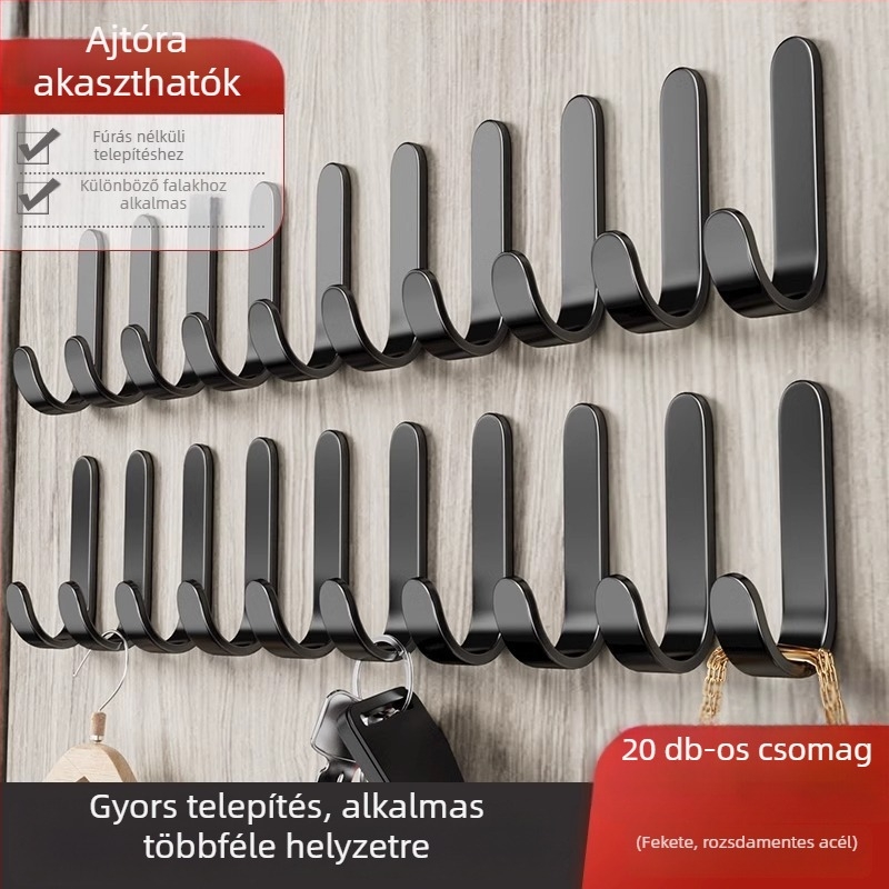 Erős ragasztós akasztó, fúrás nélkül, teherbírás 5 kg — rozsdamentes acél, ideális konyhába, fürdőszobába, ajtóra, falra, kollégium
