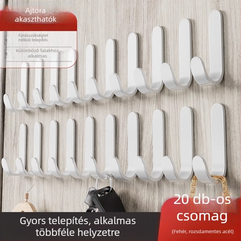 Erős ragasztós akasztó, fúrás nélkül, teherbírás 5 kg — rozsdamentes acél, ideális konyhába, fürdőszobába, ajtóra, falra, kollégium