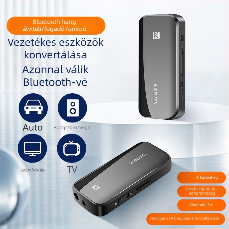 Bluetooth 5.1 kétműködéses vevő/adó NFC-vel, autós AUX adapter 2,5/3,5 mm, modell T40, Plug & Play, hatótávolság 10 m
