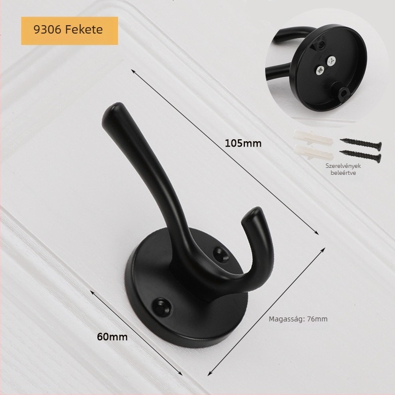 Ajtóhoz szerelhető kabátakasztó, modell 9306, cinkötvözet, festett felület, modern minimalista stílus, egyetlen kampó