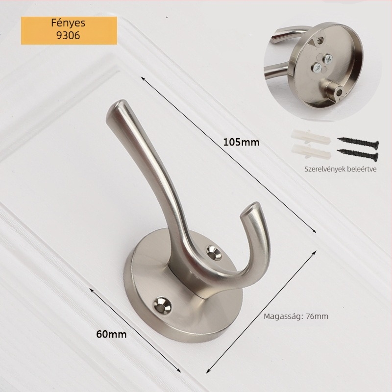 Ajtóhoz szerelhető kabátakasztó, modell 9306, cinkötvözet, festett felület, modern minimalista stílus, egyetlen kampó