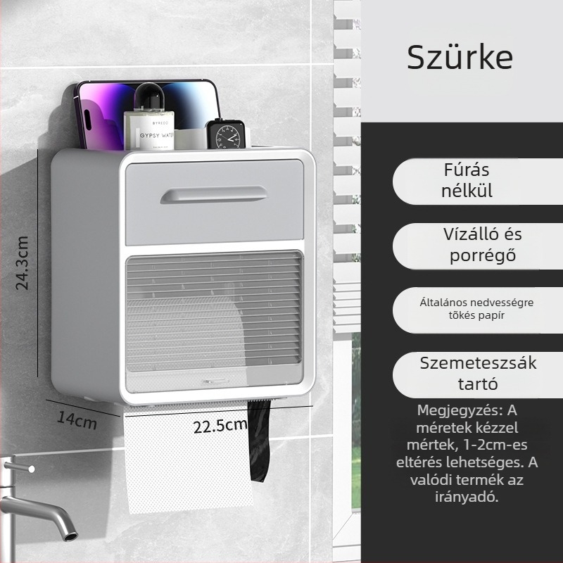 WC papírtartó – falra szerelhető, vízálló, PP anyag, CE tanúsítvány