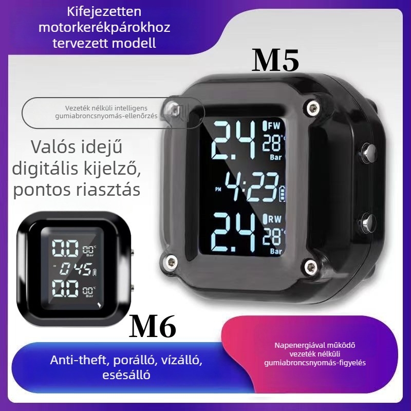 Vezeték nélküli, nagy pontosságú motorkerékpár gumiabroncs-nyomásfigyelő rendszer (M5/M6) digitális kijelzővel