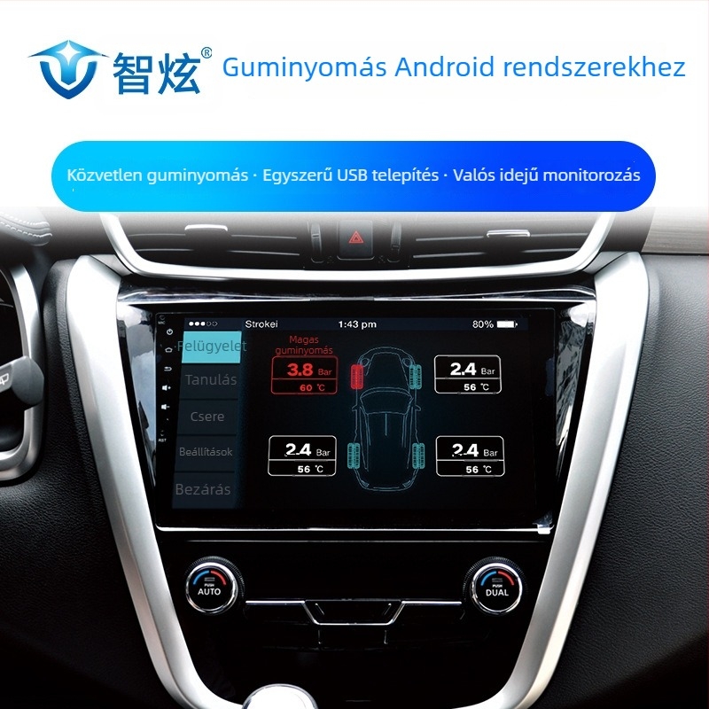 Autó guminyomás-figyelő USB-vel, Androidos nagy képernyős navigáció, beépített nyomásérzékelő