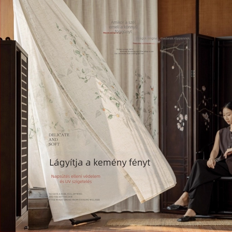Ablakfüggönyök poliészterből, nyomtatás és jacquard, átlátszó, nappali, hálószoba, dolgozószoba, Új kínai stílus (Poliészter; Nyomtatás, Jacquard; Átlátszó; Nappali, Hálószoba, Dolgozószoba)