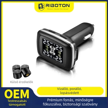 Külső digitális TPMS autókhoz, C100 modell, univerzális kompatibilitás, érzékelési tartomány 0-3.5 bar, pontosság ±0.1, digitális kijelző: nyomás, hőmérséklet és légszivárgási riasztás