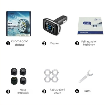 Külső digitális TPMS autókhoz, C100 modell, univerzális kompatibilitás, érzékelési tartomány 0-3.5 bar, pontosság ±0.1, digitális kijelző: nyomás, hőmérséklet és légszivárgási riasztás