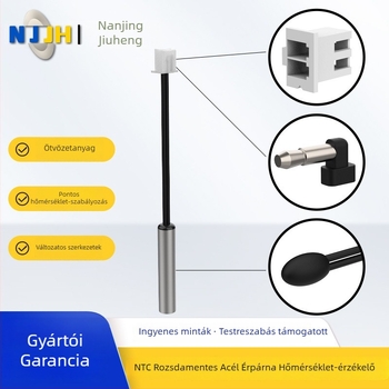 NTC termosztoros hőmérséklet-érzékelő, dugós beépítés, 5K/10K/50K, ipari, orvosi és háztartási készülékekhez; működési tartomány -30°C-tól 300°C-ig; anyagok: rozsdamentes acél, alumínium ötvözet, epoxides tömítés