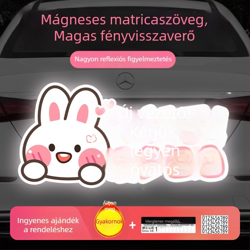 Autómatrica karikatúra nyuszival, mágneses rögzítés, anyag: matrica, testreszabás elérhető