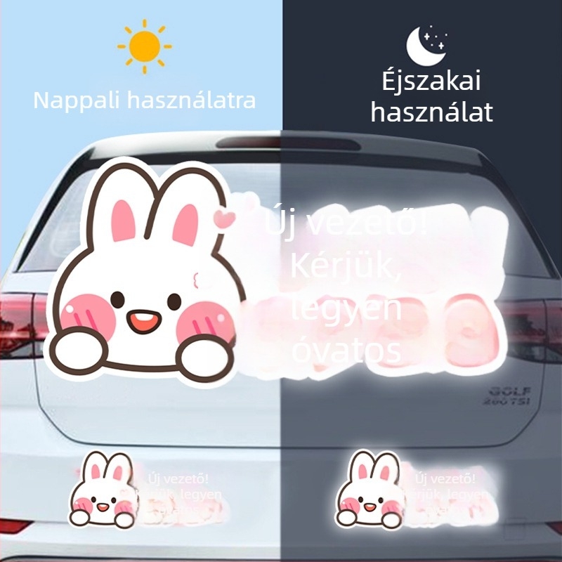 Autómatrica karikatúra nyuszival, mágneses rögzítés, anyag: matrica, testreszabás elérhető