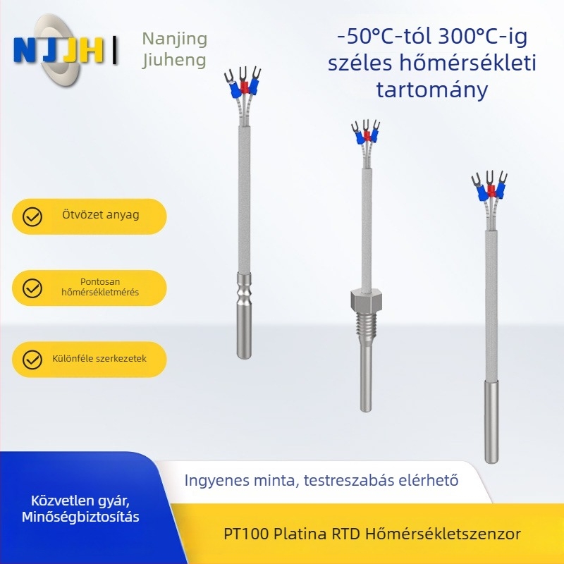 Pt100 platinaellenállásos hőmérséklet-szenzor, dugós csatlakozású, -50°C-tól 300°C-ig, rozsdamentes acél és alumínium ötvözet ház, ipari és orvosi berendezésekhez