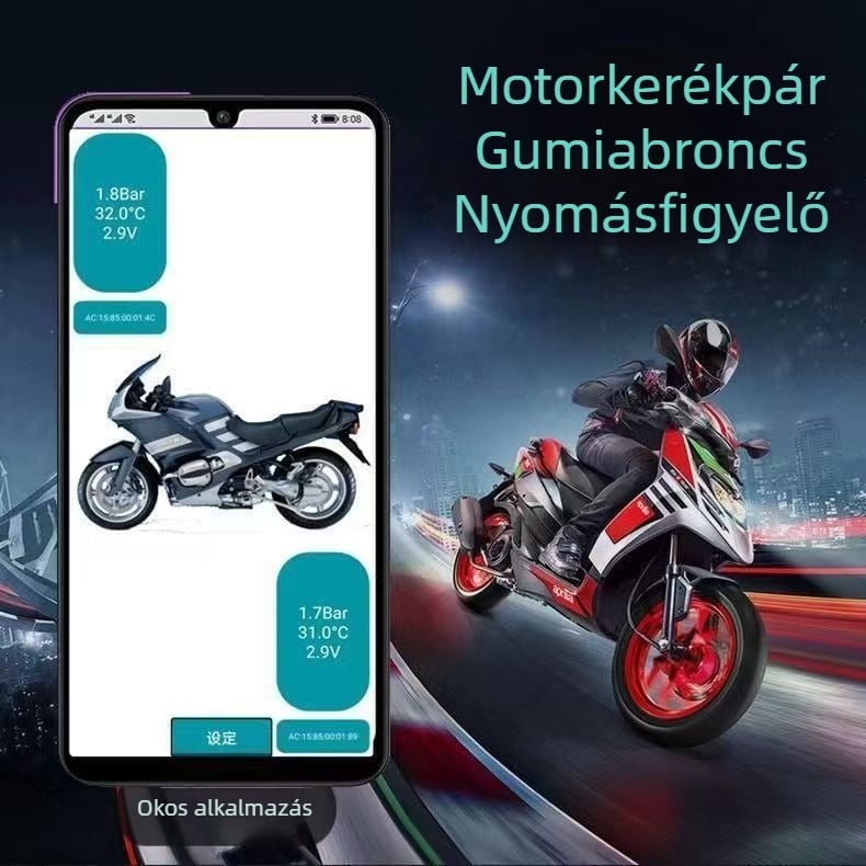 Könnyen hordozható TPMS rendszer autók és motorok számára, Bluetooth nyomásérzékelő és csatlakozás a telefonhoz