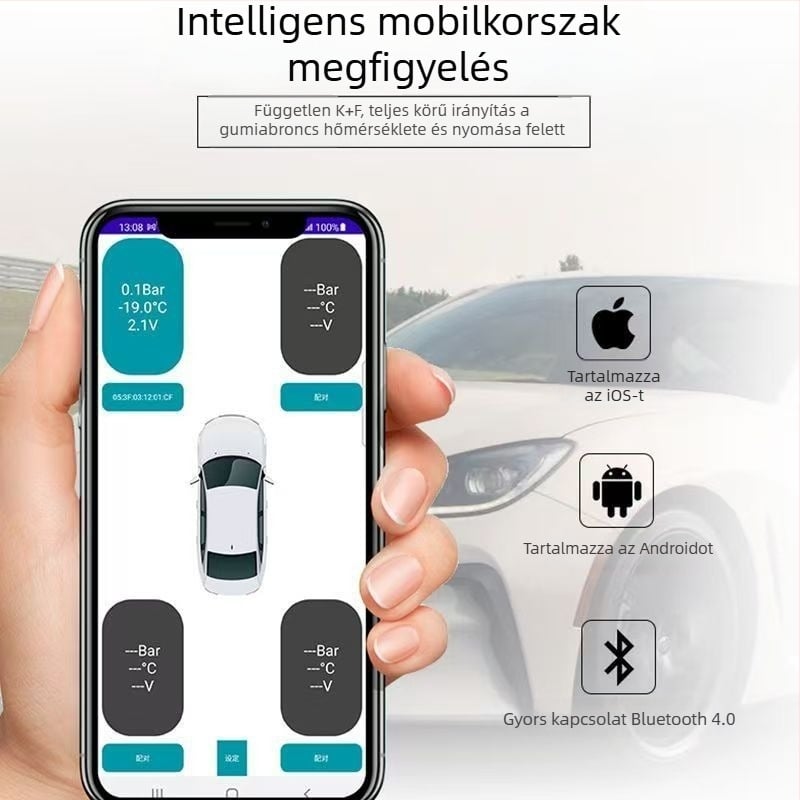 Könnyen hordozható TPMS rendszer autók és motorok számára, Bluetooth nyomásérzékelő és csatlakozás a telefonhoz