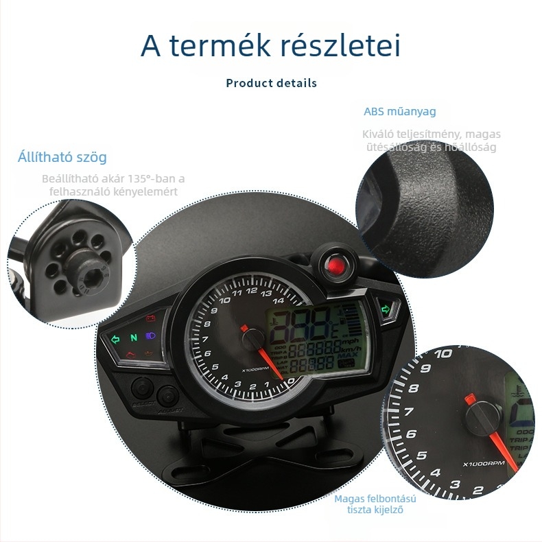RX1N LCD mérő 12V univerzális motorkerékpárhoz – többfunkciós digitális tachométer és kilométer-óra, ABS + akril + LED, fém konzol, 0.483 kg
