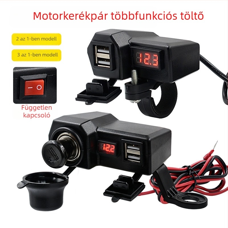 Motorkerékpártelefon-töltő kettős USB-vel és gyújtóval, 10-24V voltmérő kijelzővel